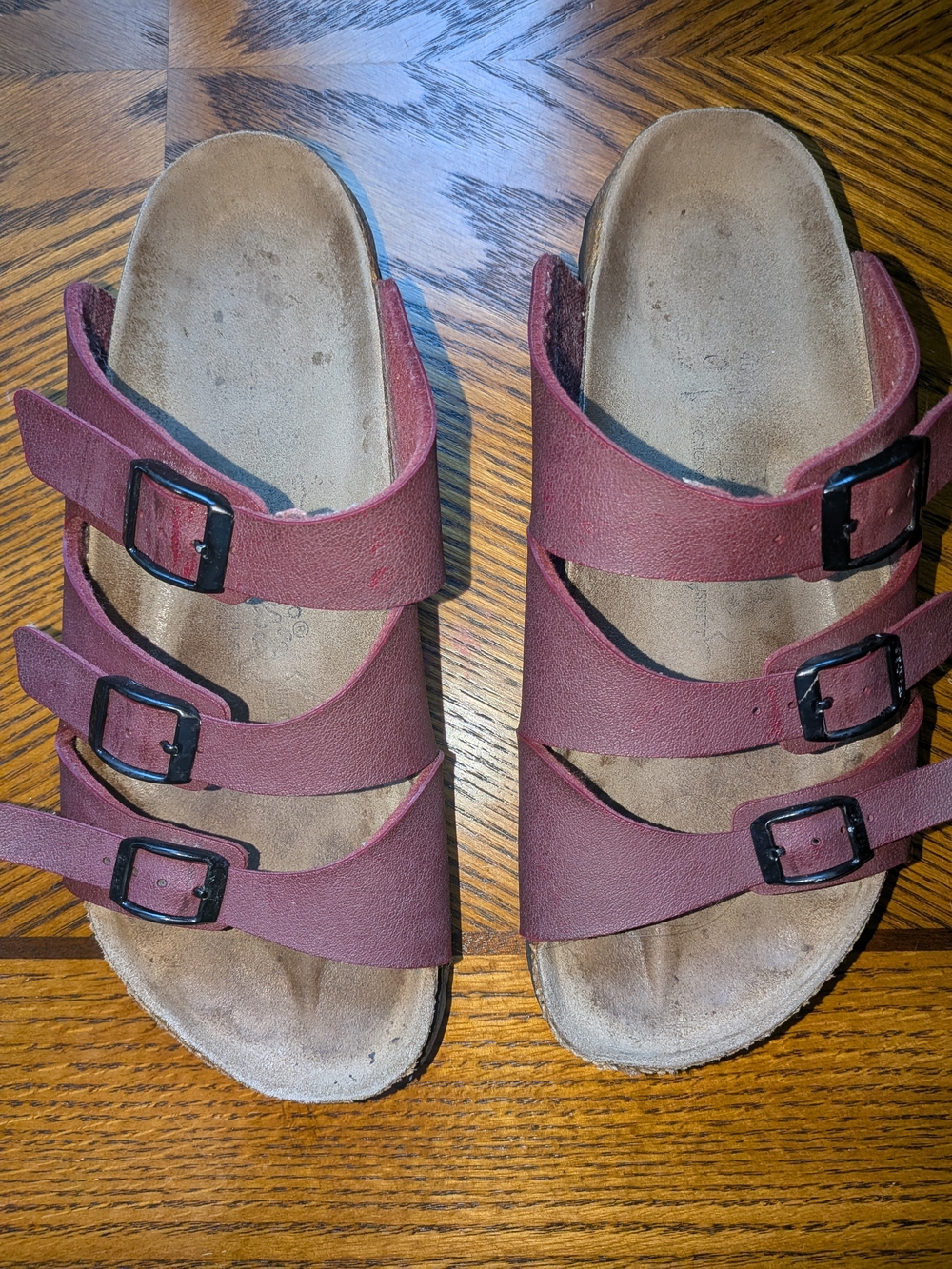 Birkenstock "Birkens" Triple-Strap Slide Sandals in Wine